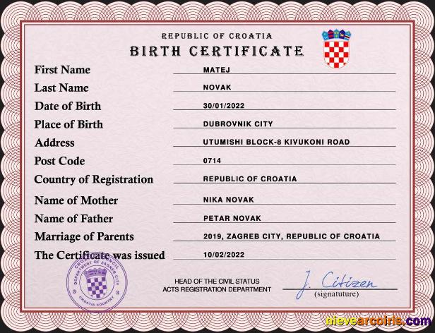 Croatia vital record birth certificate